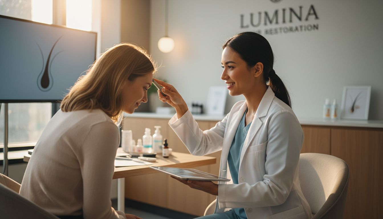Female patient during personalized hair restoration consultation