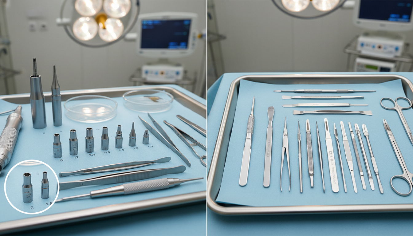 Detailed diagram comparing the donor area healing patterns between FUE dot scars and FUT linear scar