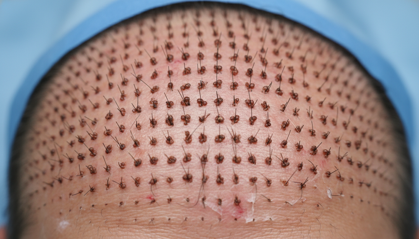Typical scalp appearance during the first week of hair transplant recovery showing scabbing and redness