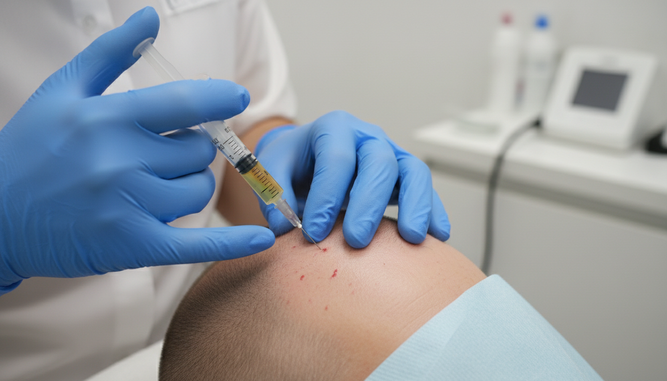 Step-by-step illustration of the PRP therapy process from blood draw through centrifuge processing to scalp injection
