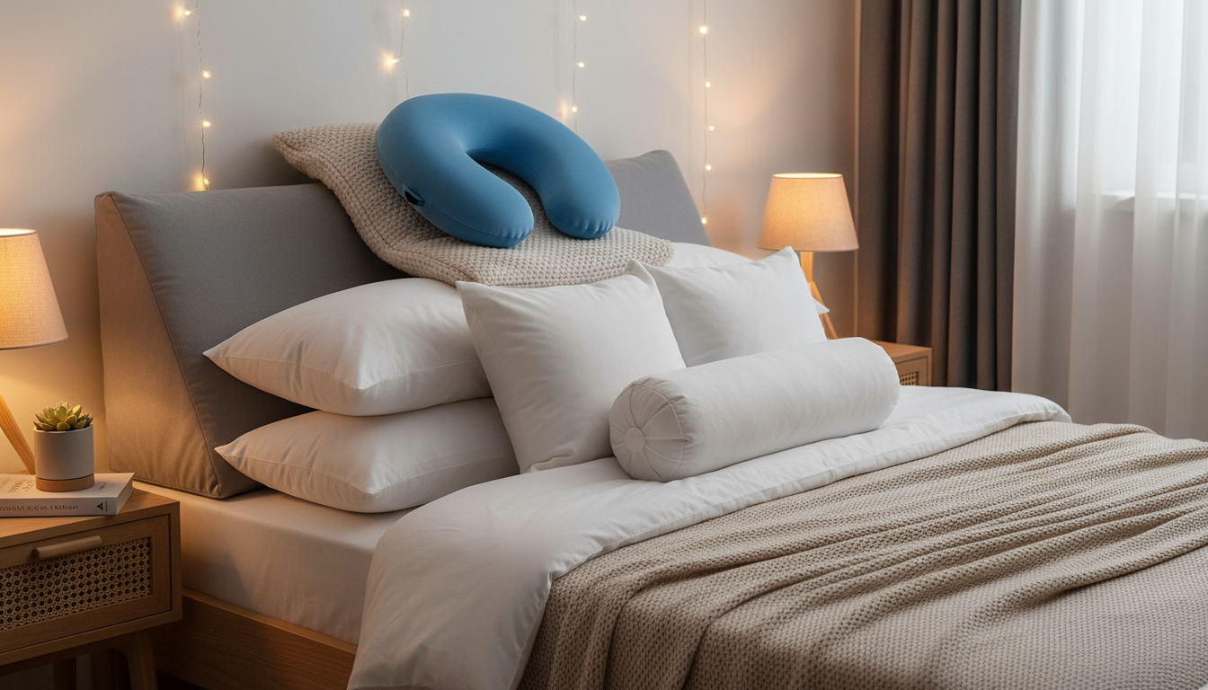 Various pillow arrangements for safe sleeping after hair transplant including wedge pillow and travel pillow setup