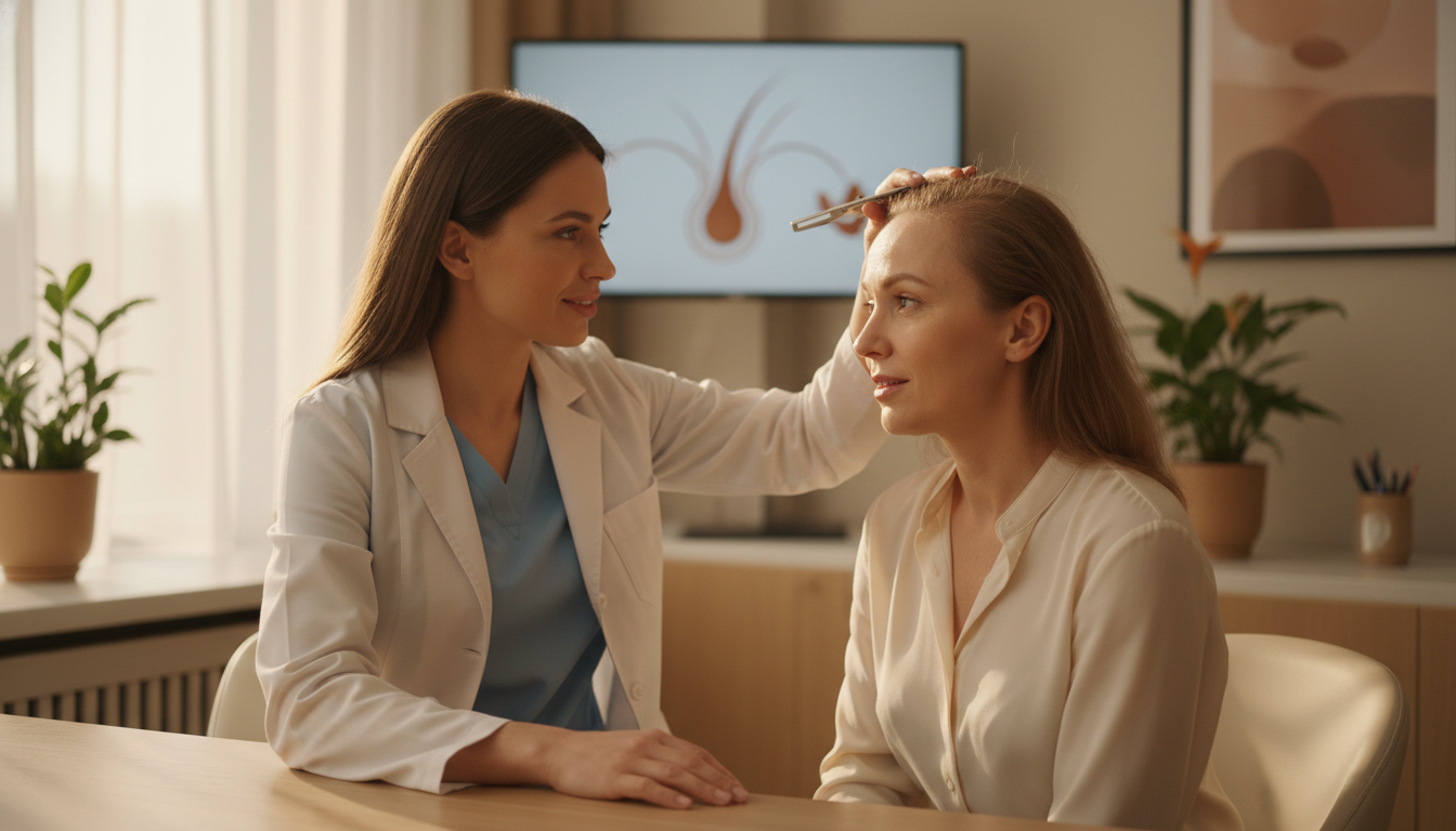 Woman examining her hair part in a mirror, noticing thinning along the part line
